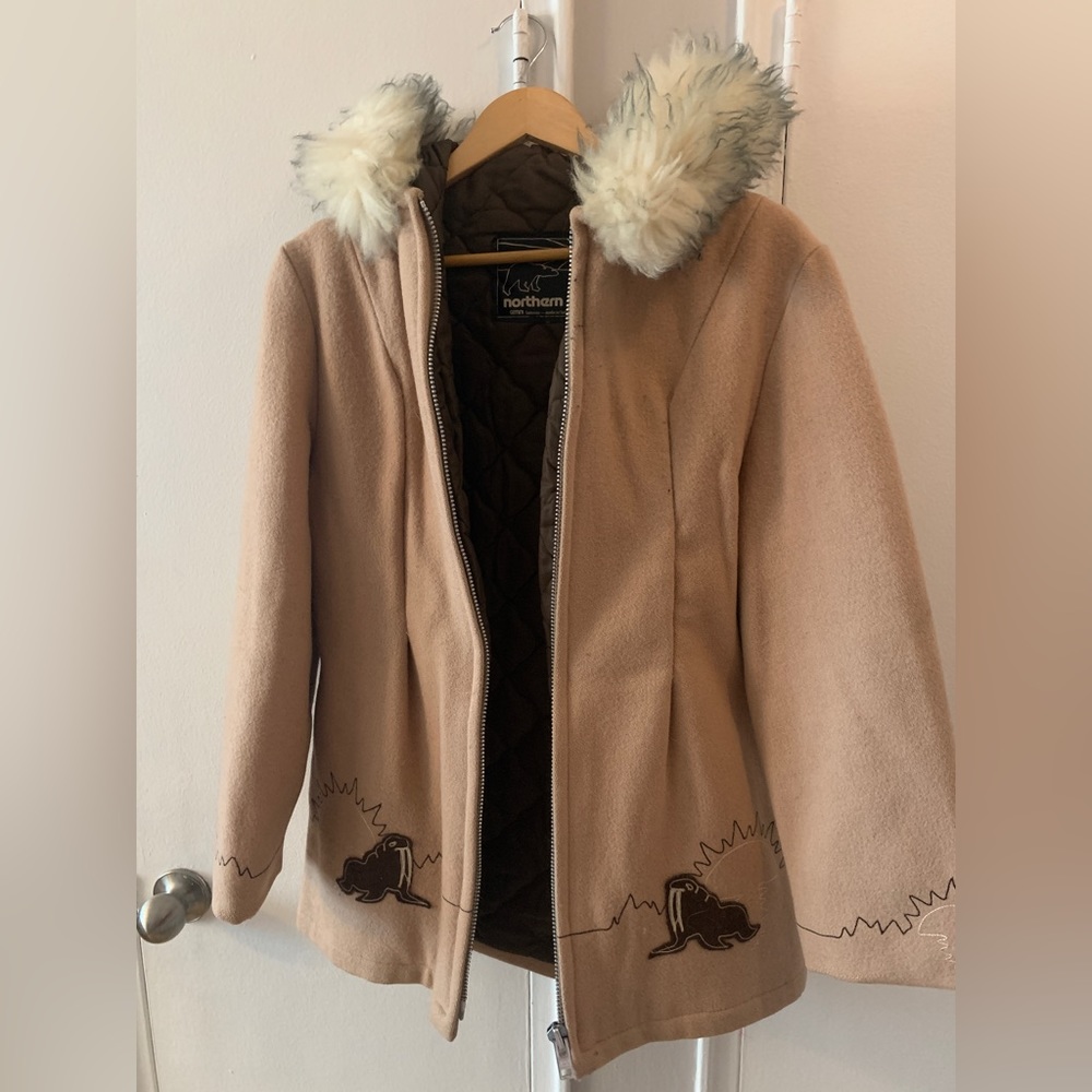 VINTAGE Northern Sun Eskimo Parka (wool & sheep fur trim) camel/tan
